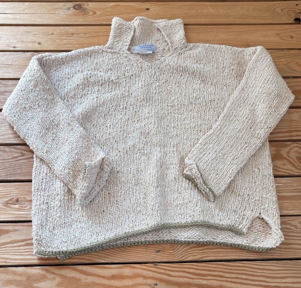 Indigenous Designs Hand Knit Peruvian Sweater Organic Cotton Size M Cream Sf